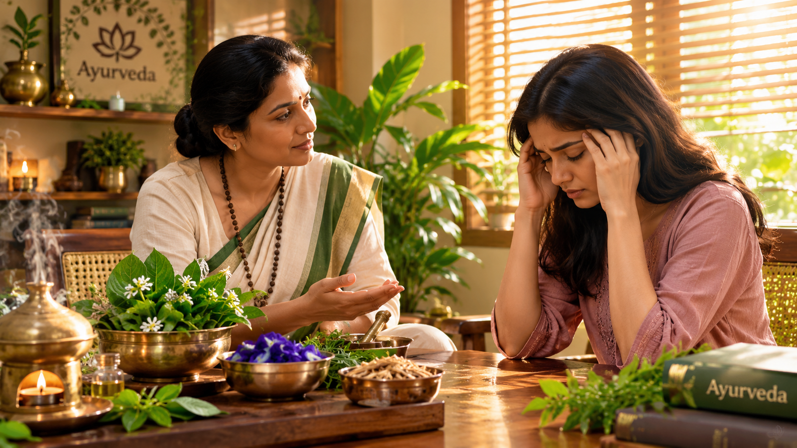 सत्त्वावजय चिकित्सा (Sattvavajaya Chikitsa): सम्पूर्ण विश्लेषण Indian practitioner guiding a stressed young adult in a peaceful Ayurvedic wellness setting.
