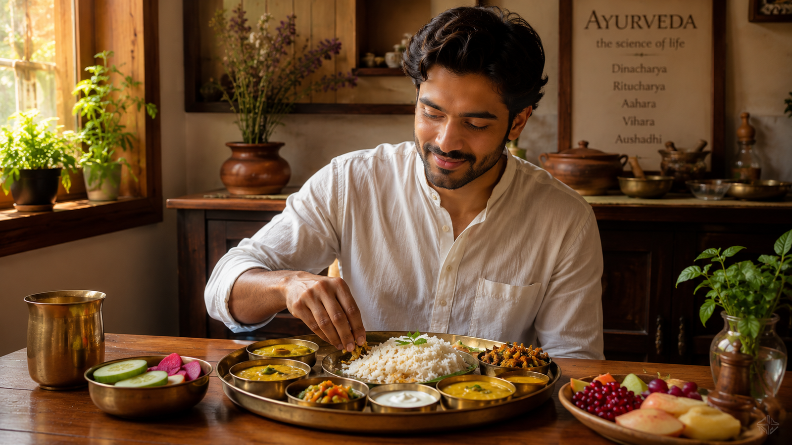अष्ट आहार विधि विशेषायतन | Ashta Ahara Vidhi Visheshayatana in Hindi Ayurvedic Feast in a Rustic Kitchen