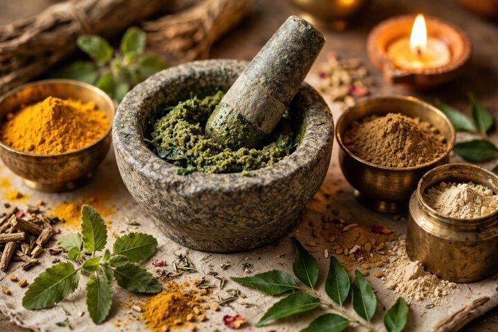 आयुर्वेद (Ayurveda) —सनातन आरोग्यता का आधार Ayurveda herbs in bowls and a kharal with grinded herbs