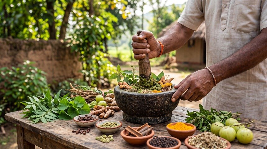 आयुर्वेदिक औषधि: प्राचीन चिकित्सा परंपरा में औषधियों का महत्व a man preparing ayurvedic medicines