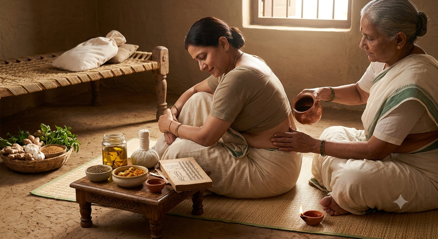 कमर दर्द से तुरंत राहत पाने के घरेलू उपाय | Back Pain Remedies in Hindi a traditional image showing an old woman apply oil on the back pain patient