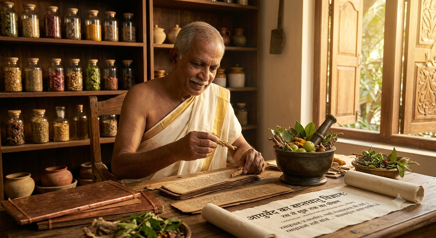 सप्तधातु - Ayurved Acharya in his herbal room and herbs and acient scripts on the table