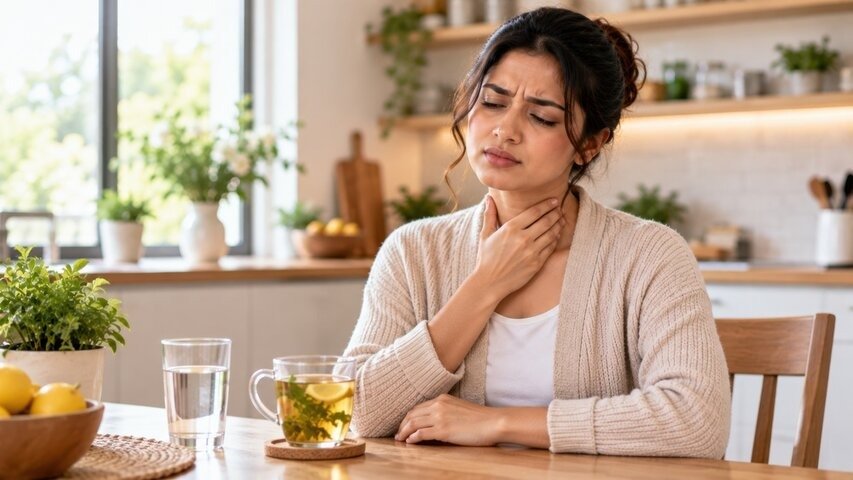Sick woman holding throat with warm tea cup on wooden table suffering from sore throat 